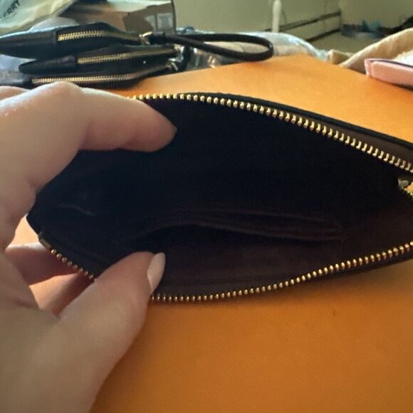 Coach Corner Zip Leather Wristlet Signature Canvas Gold Zipper Walnut Black - Picture 4 of 5